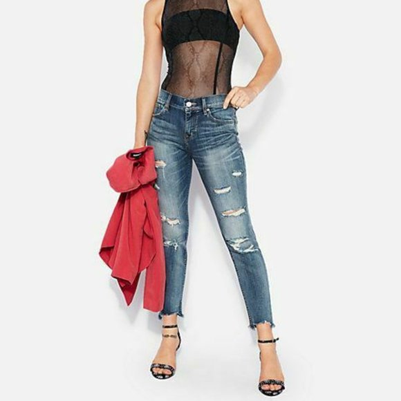 Express Size 18 Long Tall Mid Rise Medium Wash Ripped Skinny Ankle Jeans